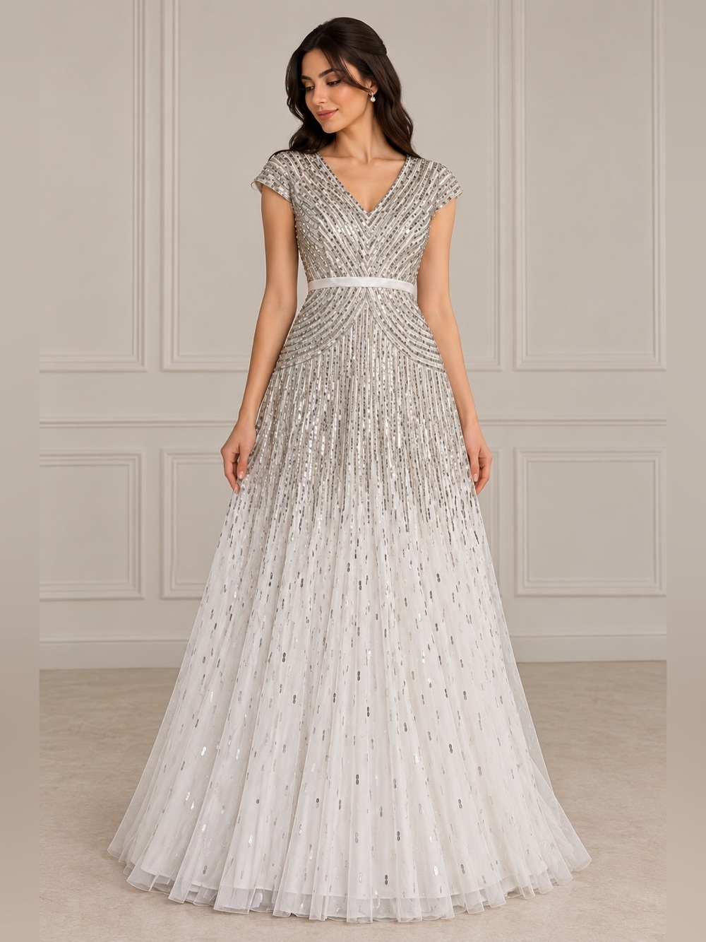 Adrianna Papell Silver Ombre Beaded V-Neck Maxi Gown